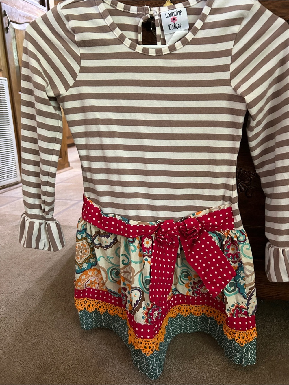 Counting Daisies Cream and Taupe Striped Dress with Red Polka Dot Belt